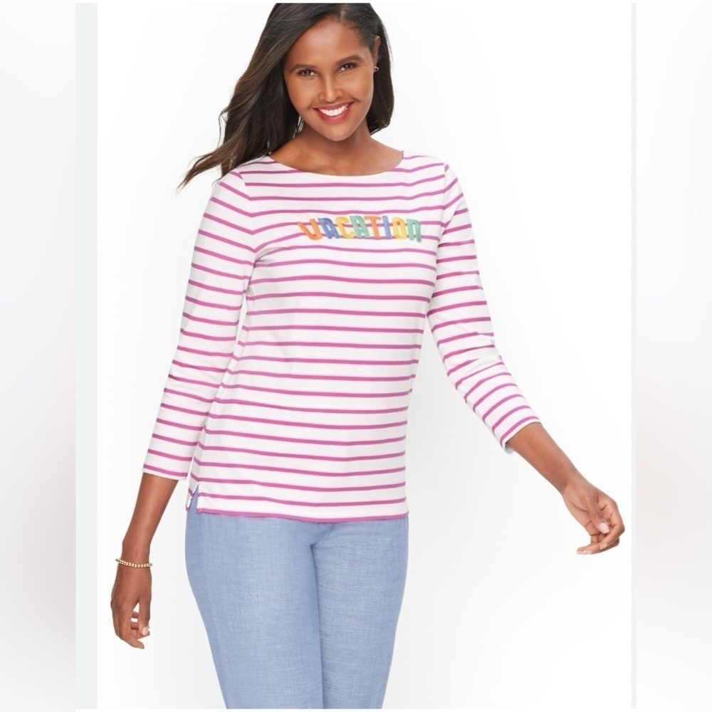 TALBOTS “Vacation” Authentic Tee in Watermelon Stripe Small